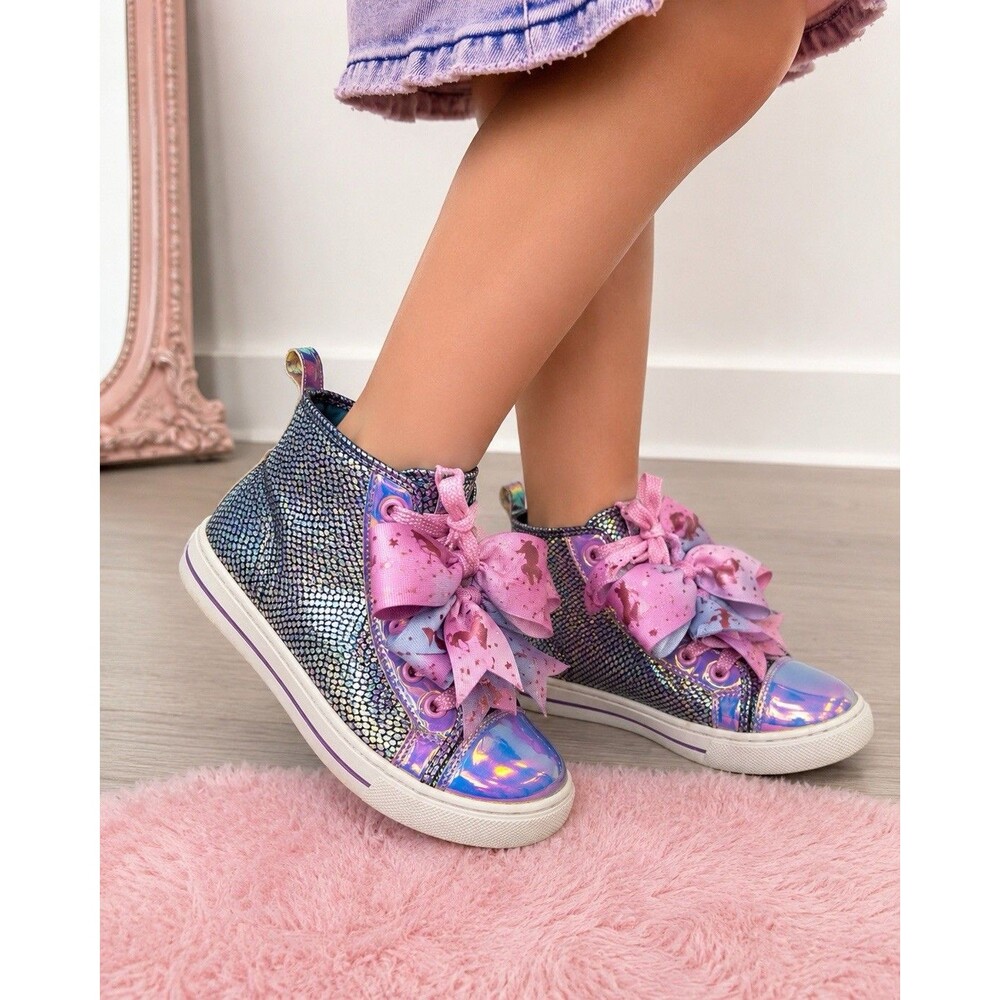 JoJo Siwa Girls High Top Sneakers Size 3 Holographic Mermaid Bow Pink Purple